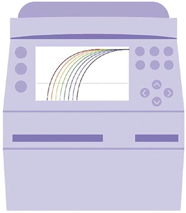 Purple qPCR illustration with colored lines to represent results on the device screen.